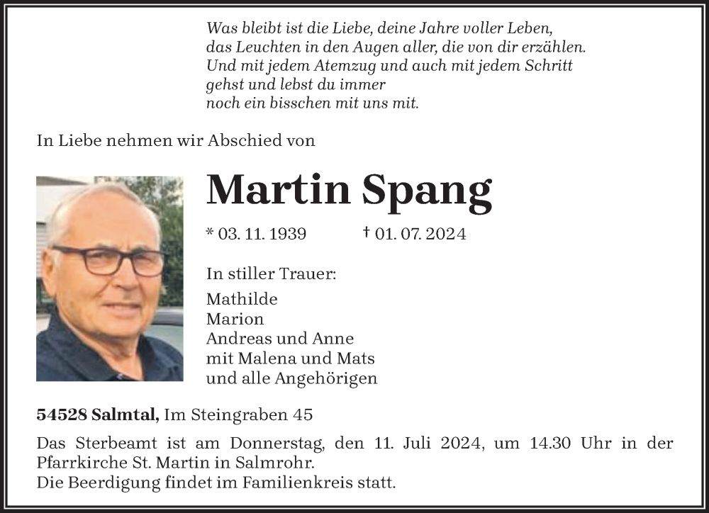  Traueranzeige für Martin Spang vom 06.07.2024 aus trierischer_volksfreund