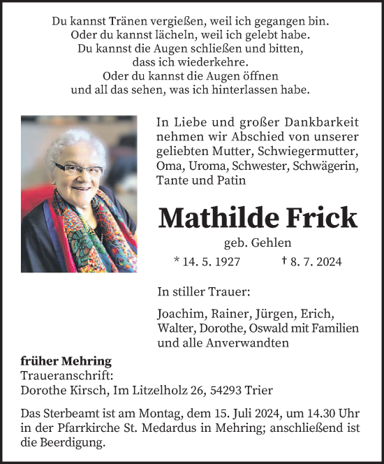 Traueranzeige von Mathilde Frick von trierischer_volksfreund