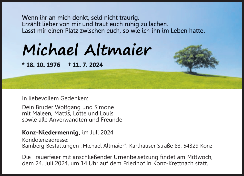  Traueranzeige für Michael Altmaier vom 20.07.2024 aus trierischer_volksfreund