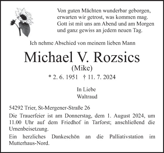 Traueranzeige von Michael Rozsics von trierischer_volksfreund