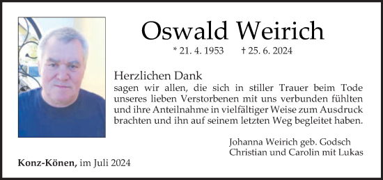Traueranzeige von Oswald Weirich von trierischer_volksfreund