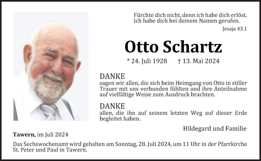  Traueranzeige für Otto Schanz vom 20.07.2024 aus trierischer_volksfreund