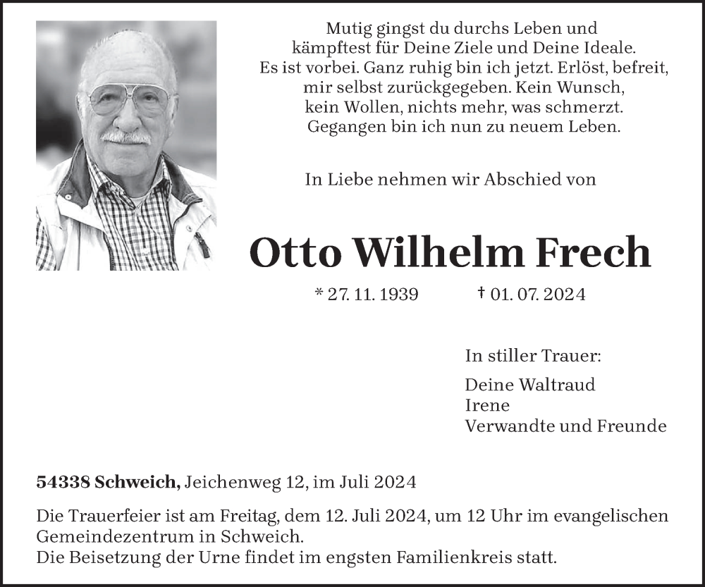  Traueranzeige für Otto Wilhelm Frech vom 06.07.2024 aus trierischer_volksfreund