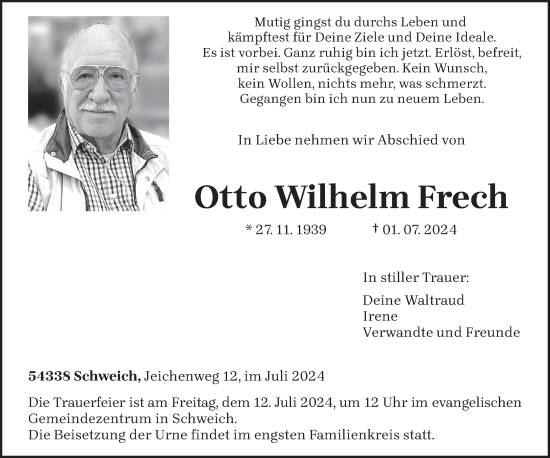 Traueranzeige von Otto Wilhelm Frech von trierischer_volksfreund