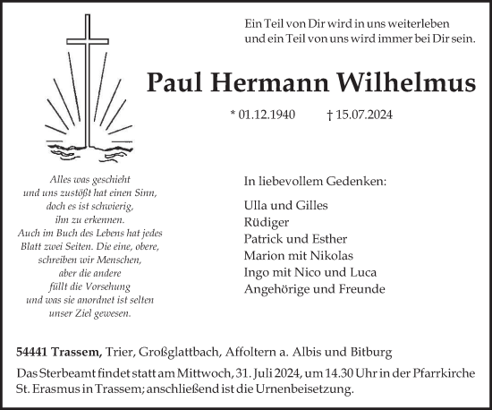 Traueranzeige von Paul Hermann Wilhelmus von trierischer_volksfreund
