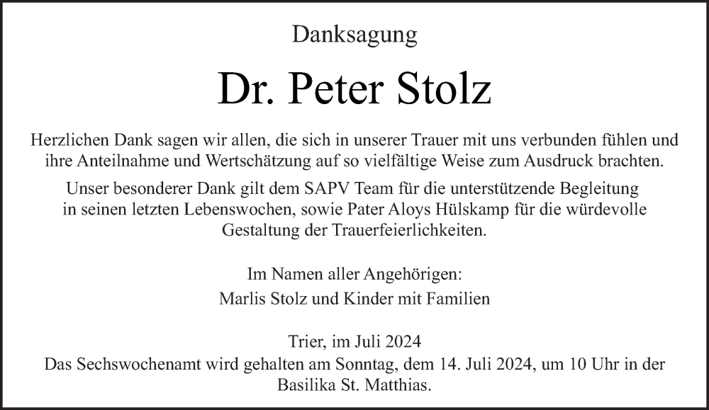  Traueranzeige für Peter Stolz vom 06.07.2024 aus trierischer_volksfreund