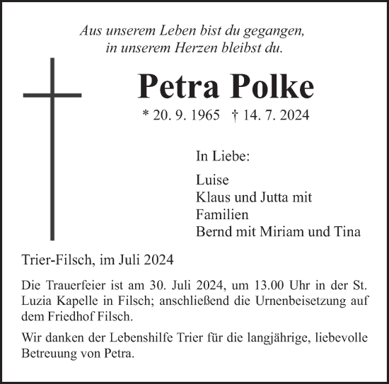 Traueranzeige von Petra Polke von trierischer_volksfreund