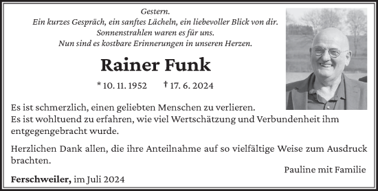 Traueranzeige von Rainer Funk von trierischer_volksfreund