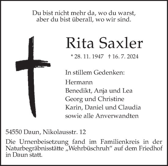 Traueranzeige von Rita Saxler von trierischer_volksfreund