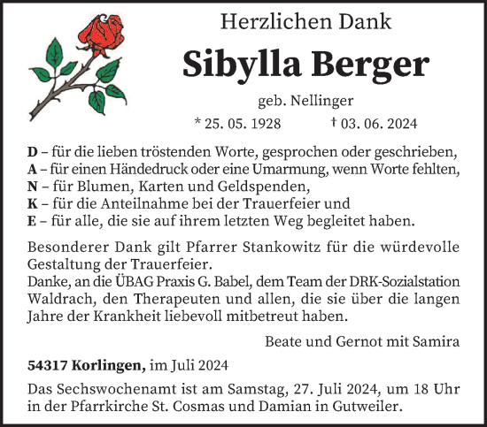 Traueranzeige von Sibylla Berger von trierischer_volksfreund