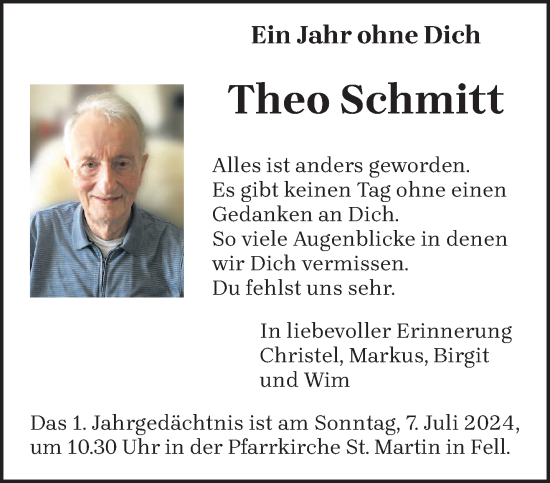Traueranzeige von Theo Schmitt von trierischer_volksfreund