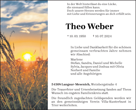 Traueranzeige von Theo Weber von trierischer_volksfreund