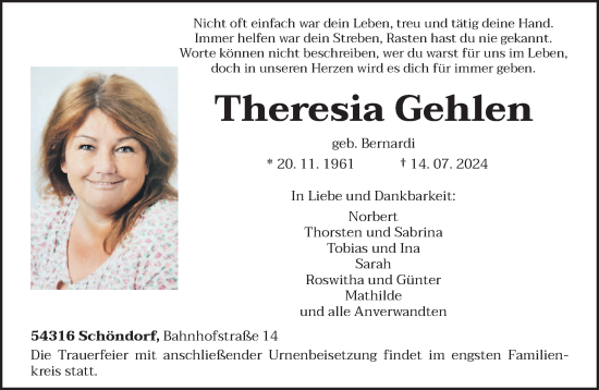 Traueranzeige von Theresia Gehlen von trierischer_volksfreund