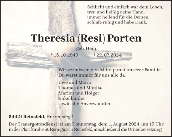 Traueranzeige von Theresia Porten von trierischer_volksfreund