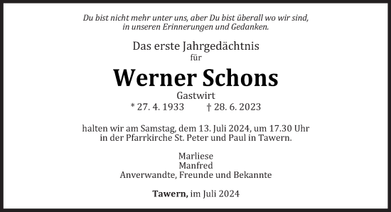 Traueranzeige von Werner Schons von trierischer_volksfreund