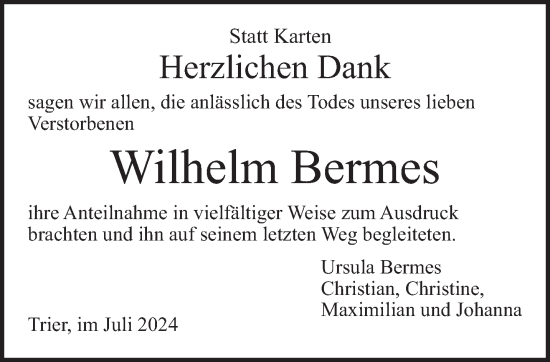 Traueranzeige von Wilhelm Bermes von trierischer_volksfreund