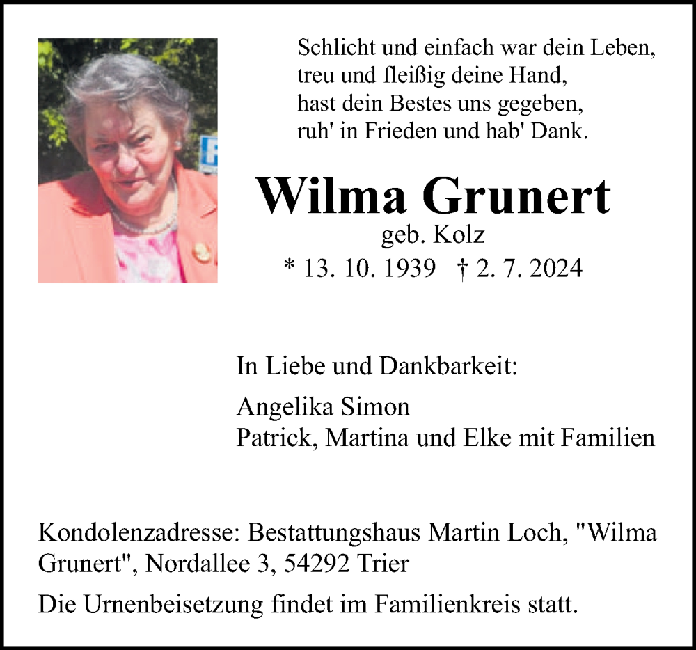  Traueranzeige für Wilma Grunert vom 06.07.2024 aus trierischer_volksfreund