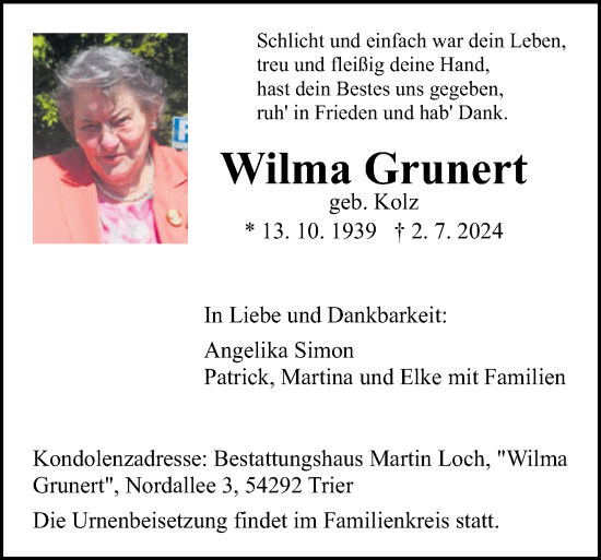 Traueranzeige von Wilma Grunert von trierischer_volksfreund