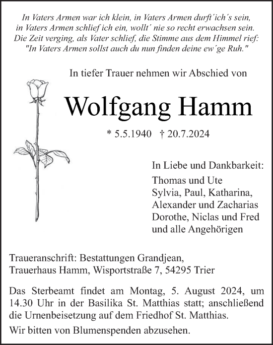 Traueranzeige von Wolfgang Hamm von trierischer_volksfreund