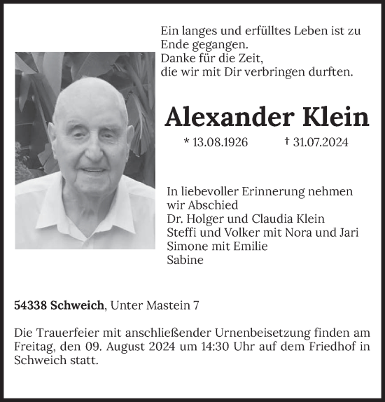 Traueranzeige von Alexander Klein von trierischer_volksfreund