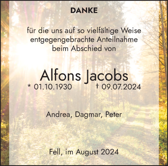 Traueranzeige von Alfons Jacobs von trierischer_volksfreund