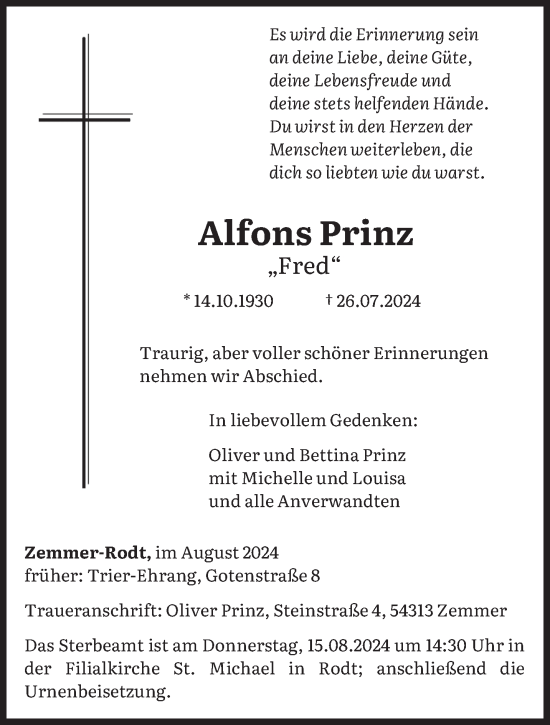 Traueranzeige von Alfons Prinz von trierischer_volksfreund