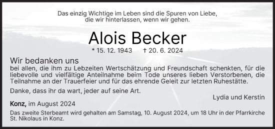 Traueranzeige von Alois Becker von trierischer_volksfreund
