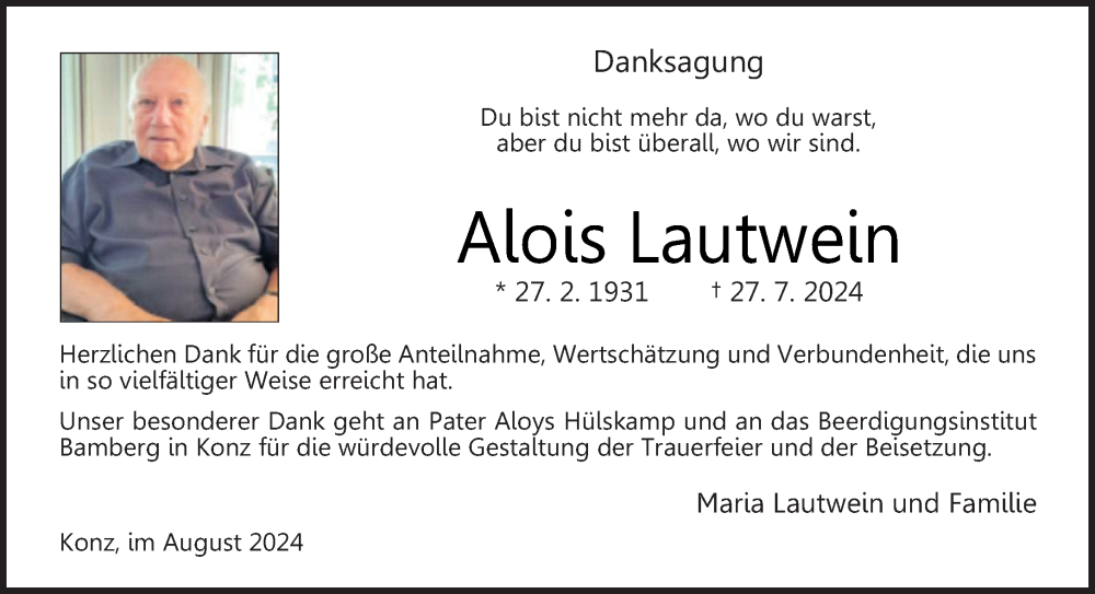  Traueranzeige für Alois Lautwein vom 31.08.2024 aus trierischer_volksfreund