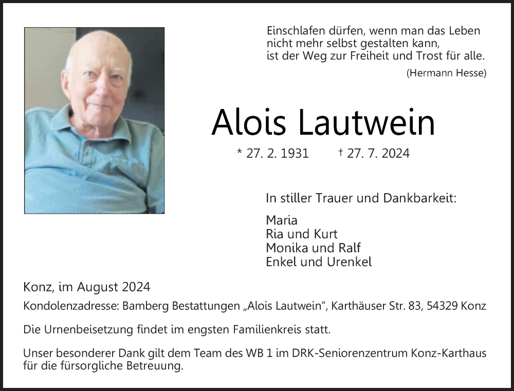  Traueranzeige für Alois Lautwein vom 03.08.2024 aus trierischer_volksfreund
