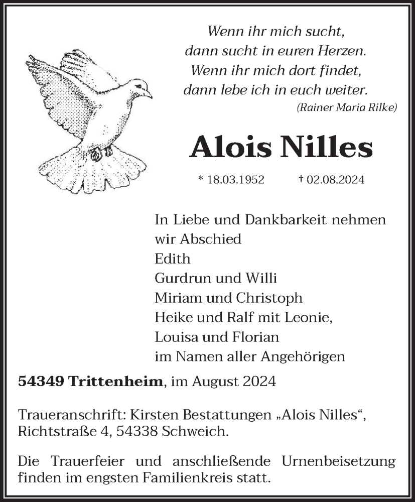  Traueranzeige für Alois Nilles vom 10.08.2024 aus trierischer_volksfreund