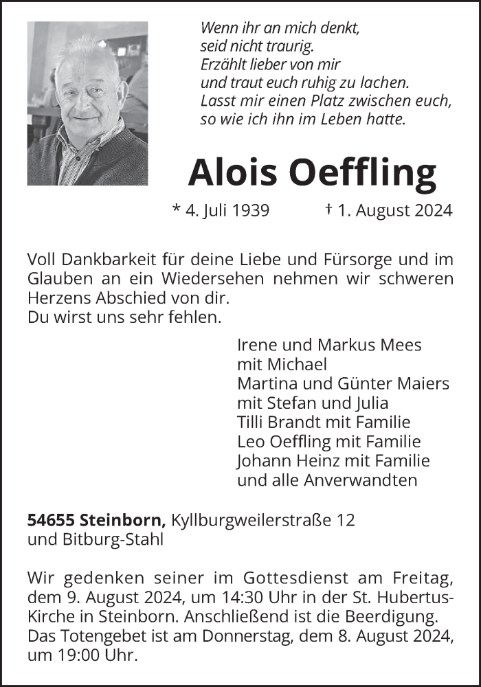  Traueranzeige für Alois Oeffling vom 05.08.2024 aus trierischer_volksfreund