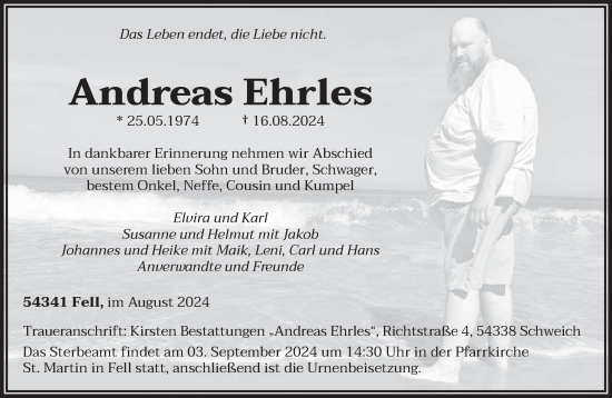 Traueranzeige von Andreas Ehrles von trierischer_volksfreund