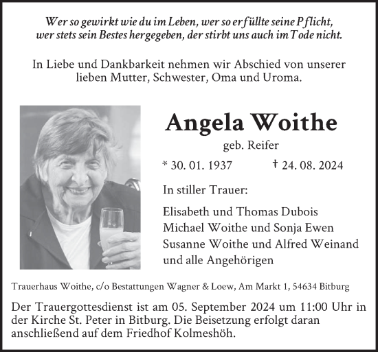 Traueranzeige von Angela Woithe von trierischer_volksfreund