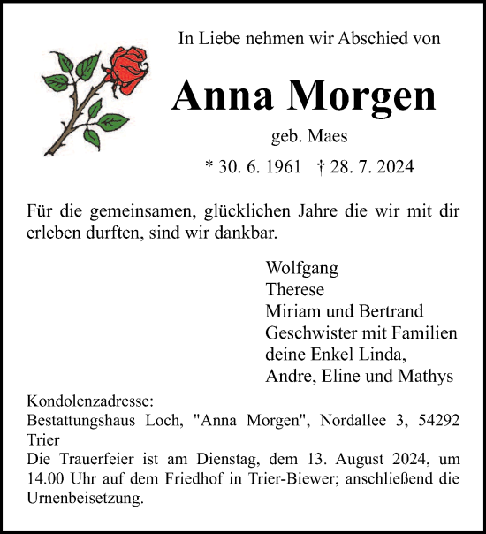 Traueranzeige von Anna Morgen von trierischer_volksfreund