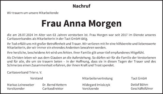 Traueranzeige von Anna Morgen von trierischer_volksfreund