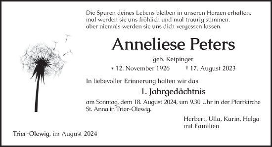 Traueranzeige von Anneliese Peters von trierischer_volksfreund