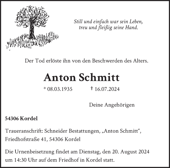 Traueranzeige von Anton Schmitt von trierischer_volksfreund