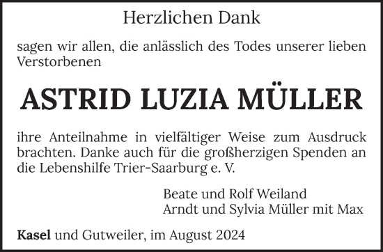 Traueranzeige von Astrid Luzia Müller von trierischer_volksfreund