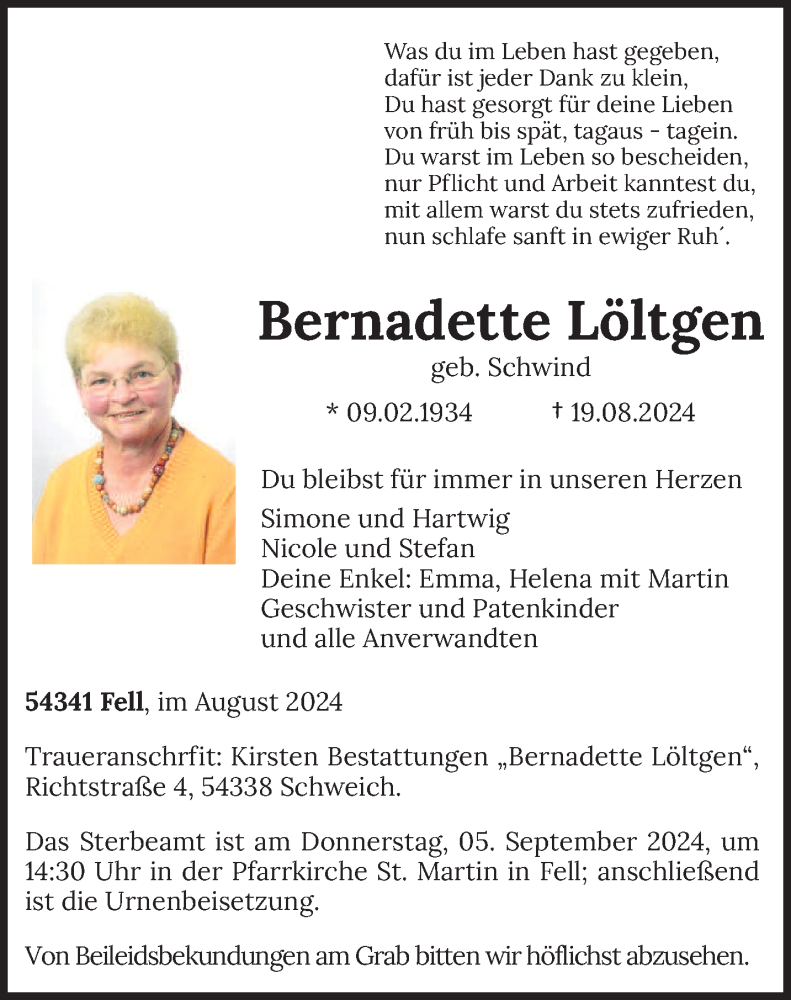  Traueranzeige für Bernadette Löltgen vom 24.08.2024 aus trierischer_volksfreund