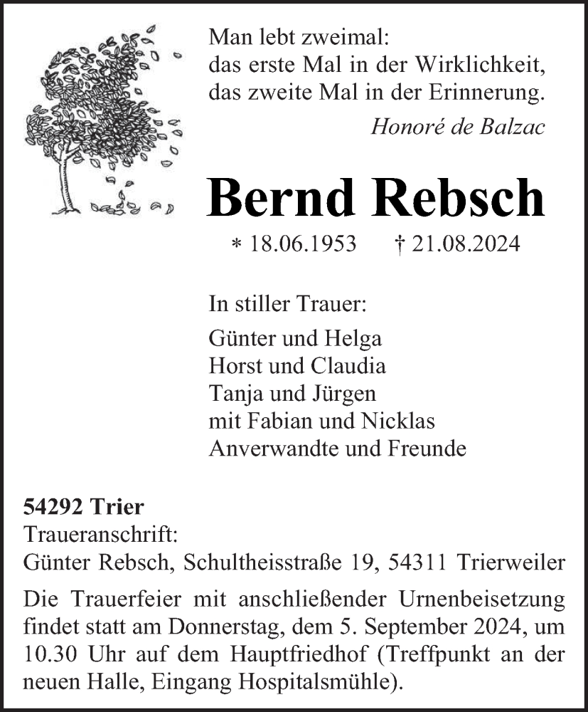  Traueranzeige für Bernd Rebsch vom 31.08.2024 aus trierischer_volksfreund