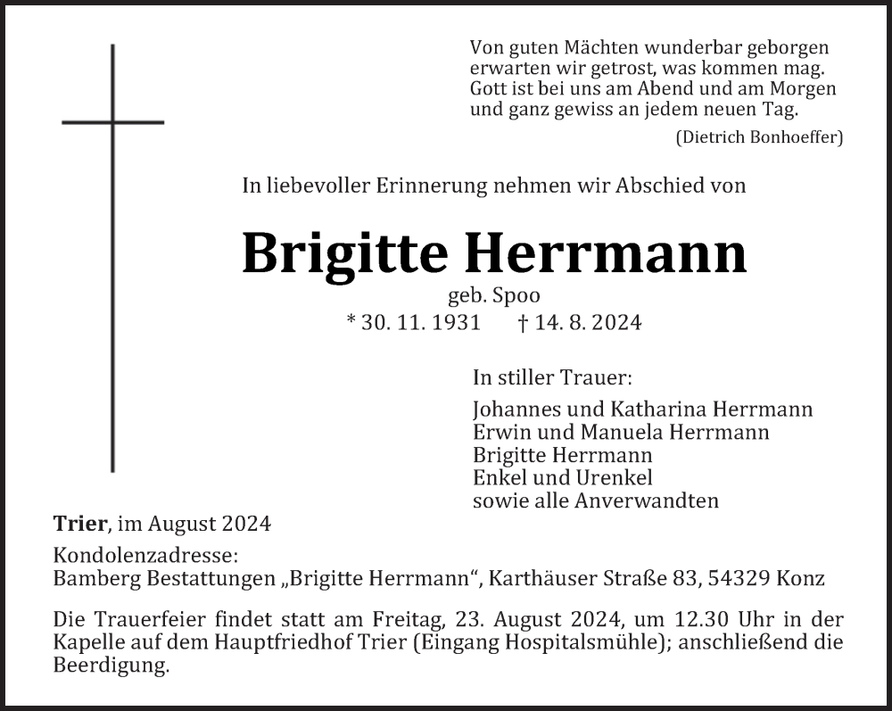  Traueranzeige für Brigitte Herrmann vom 21.08.2024 aus trierischer_volksfreund