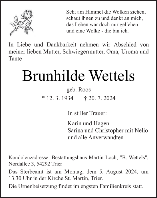 Traueranzeige von Brunhilde Wettels von trierischer_volksfreund