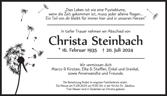 Traueranzeige von Christa Steinbach von trierischer_volksfreund