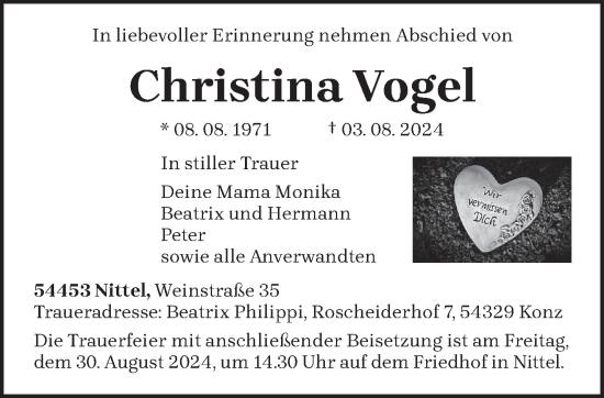 Traueranzeige von Christina Vogel von trierischer_volksfreund