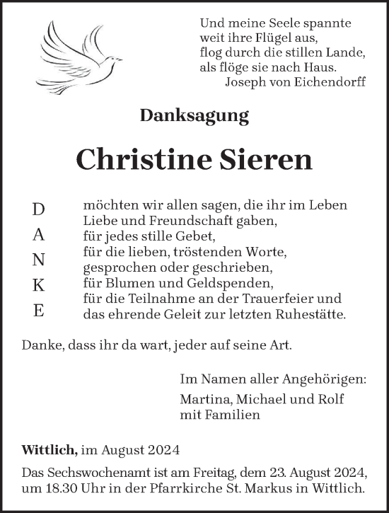 Traueranzeige von Christine Sieren von trierischer_volksfreund