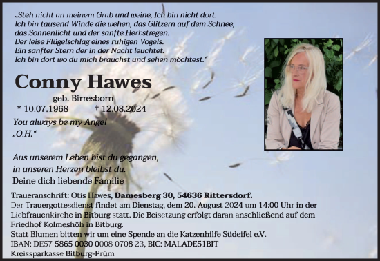 Traueranzeige von Conny Hawes von trierischer_volksfreund