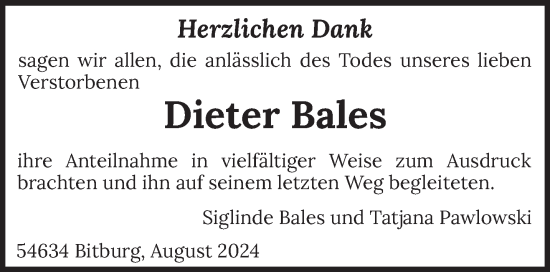 Traueranzeige von Dieter Bales von trierischer_volksfreund