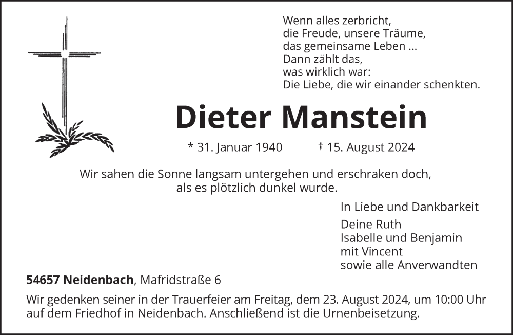  Traueranzeige für Dieter Manstein vom 17.08.2024 aus trierischer_volksfreund