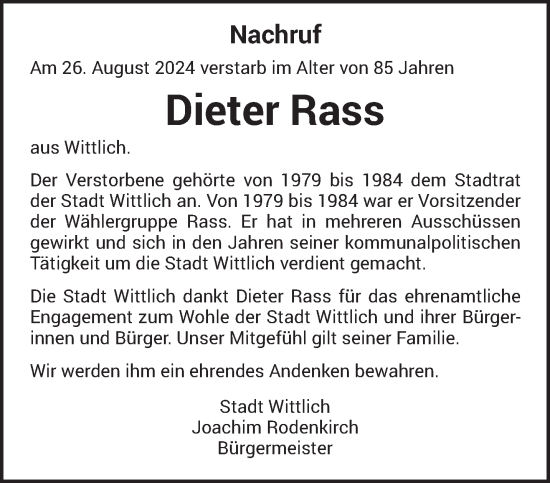 Traueranzeige von Dieter Rass von trierischer_volksfreund