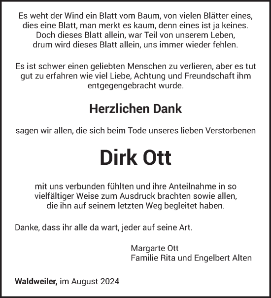 Traueranzeige von Dirk Ott von trierischer_volksfreund
